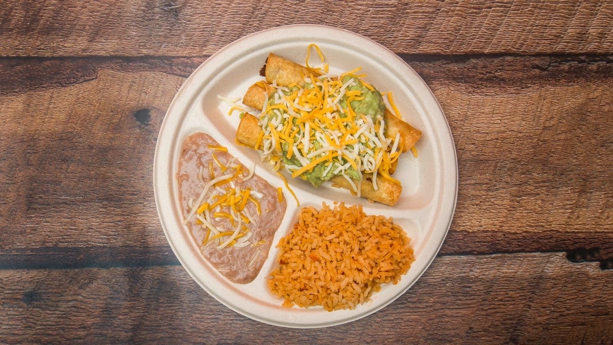 3. Three Rolled Tacos, Rice and Beans.