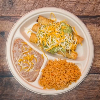 3. Three Beef Rolled Tacos, Rice and Beans